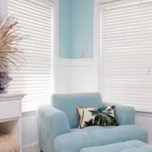 Blue colour decor with white 50mm PVC Venetian Blinds in Melbourne Victoria 3000