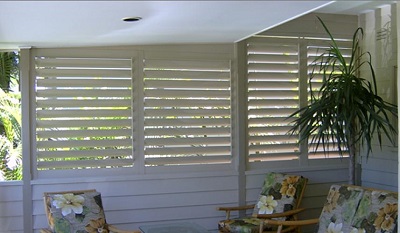 Outdoor Plantation Shutters for complete outdoor privacy and wind control