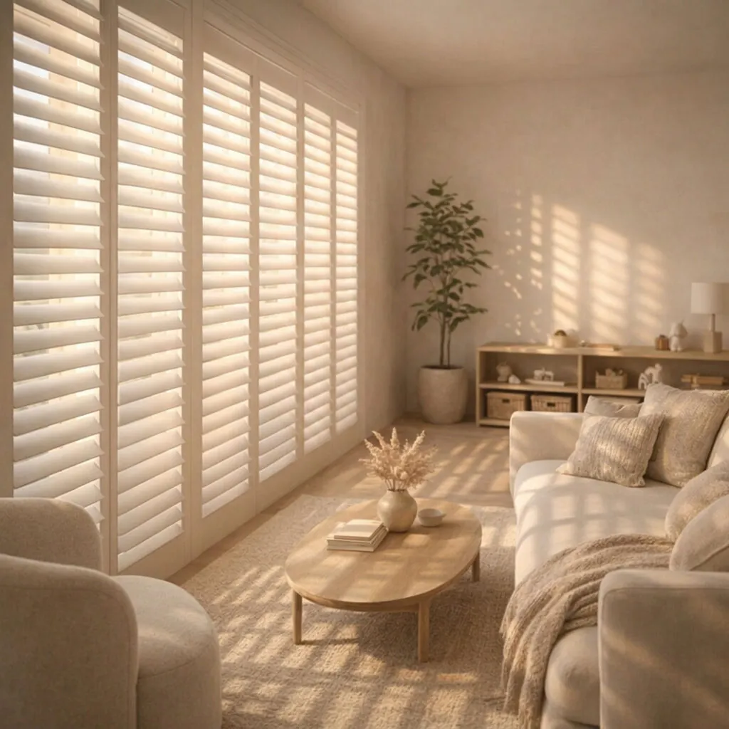 LUVRE architectural shutters in a modern Melbourne living room - Into Blinds
