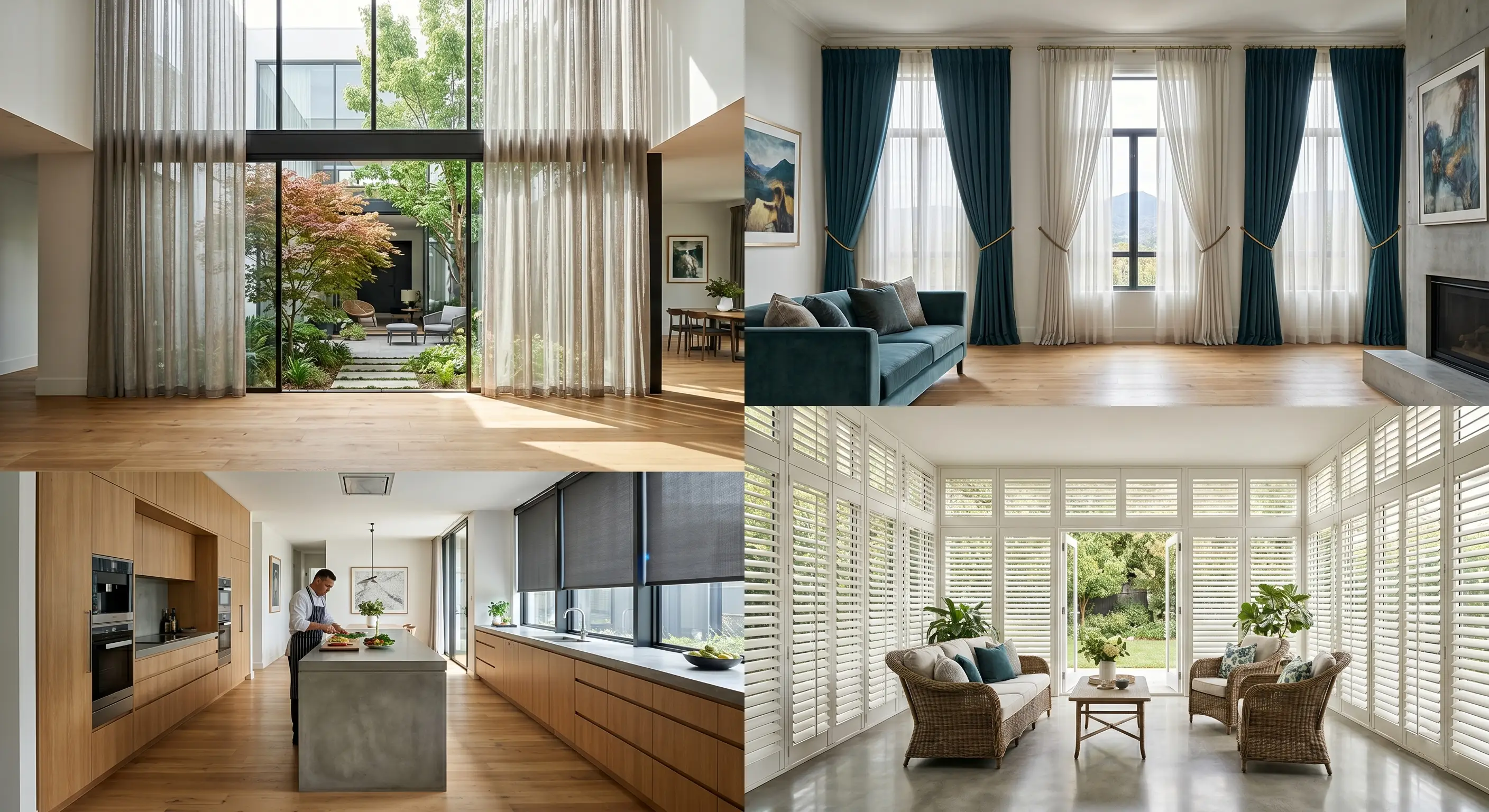 Full-house window furnishings showcase — blinds, curtains and shutters